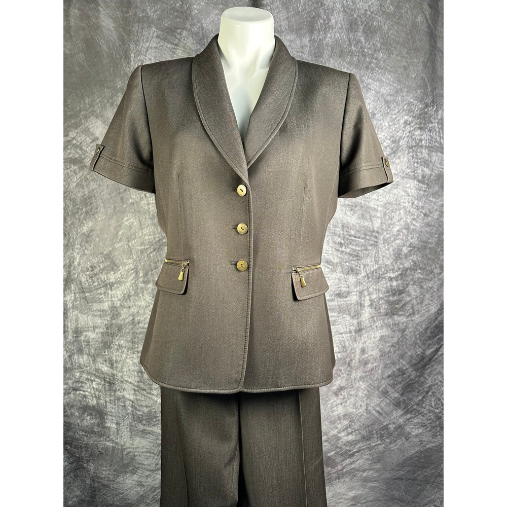 Tahari Office Siren 2pc Pant Suit Women 12P Brown Short Sleeve Blazer Trousers